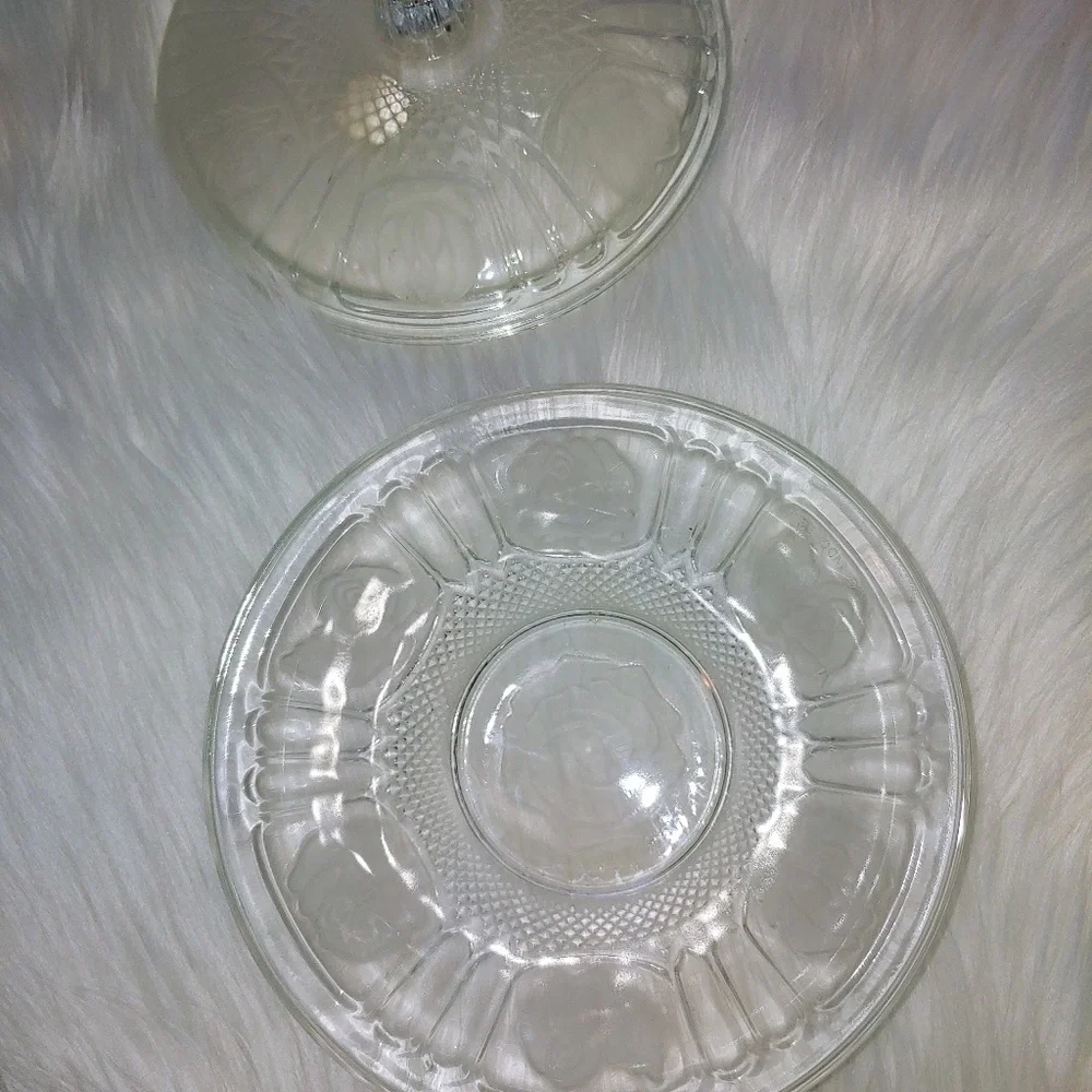 Vintage Clear with Frosted Floral Roses Candy Dish